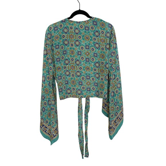 Raga Boho Tie-Front Top Size Small Sari Robe Bell Sleeve Teal NWT - Picture 4 of 4